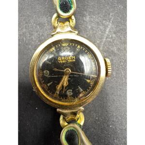 Vintage Gruen Veri Thin Black Dial Ladies Watch 10k GF Bezel Black Leather Band